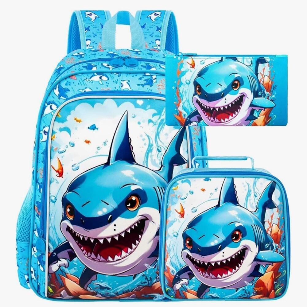 NWOT CCJPX 3PCS Shark Backpack for Boys, 16 Inch Kids Water Resistant Preschool
